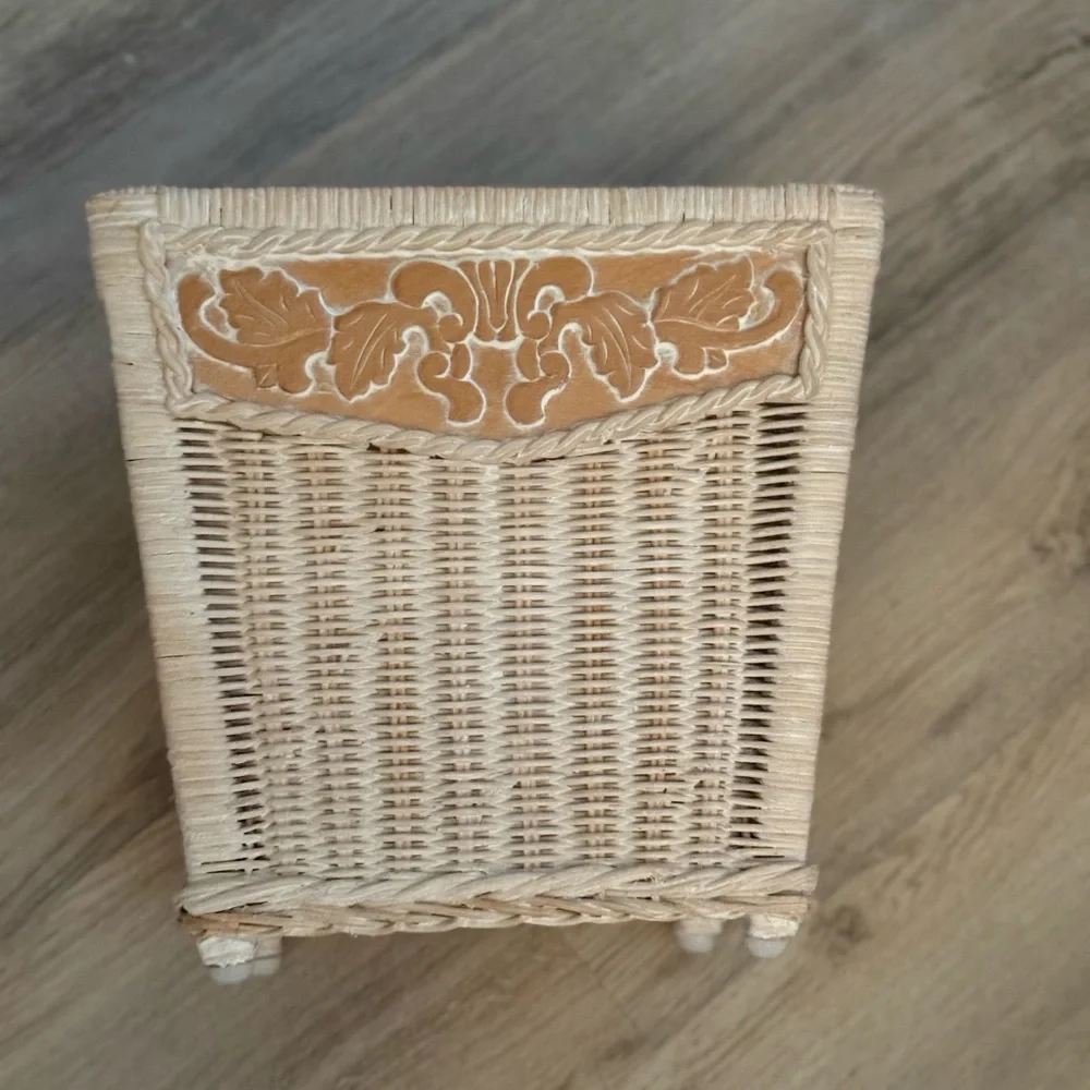 Pier 1 One Jamaica Wicker & Wood Wastebasket 11.5. X 10
